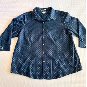 LL Bean Womens 1X Navy Blue Anchor Print Wrinkle Free Cotton Button Down Shirt